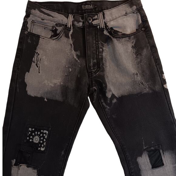 Thrill Denim & Supply Jeans Mens 33X32 Bleach Black Patches Grunge - Picture 2 of 15